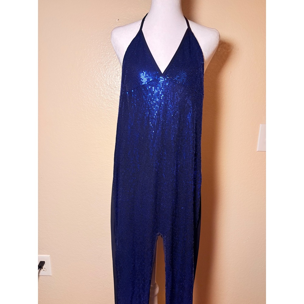 Y2K USA Heart Blue Sequin Halter Jumpsuit Open Back Festival Party Large